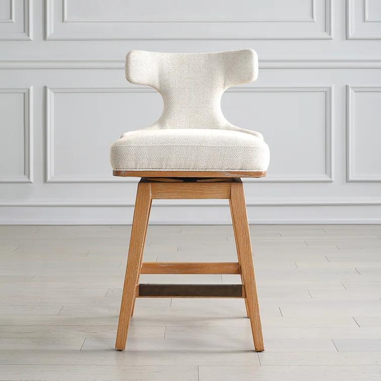 Mid-Century Modern White Fabric Swivel Counter Stool with Oak Legs