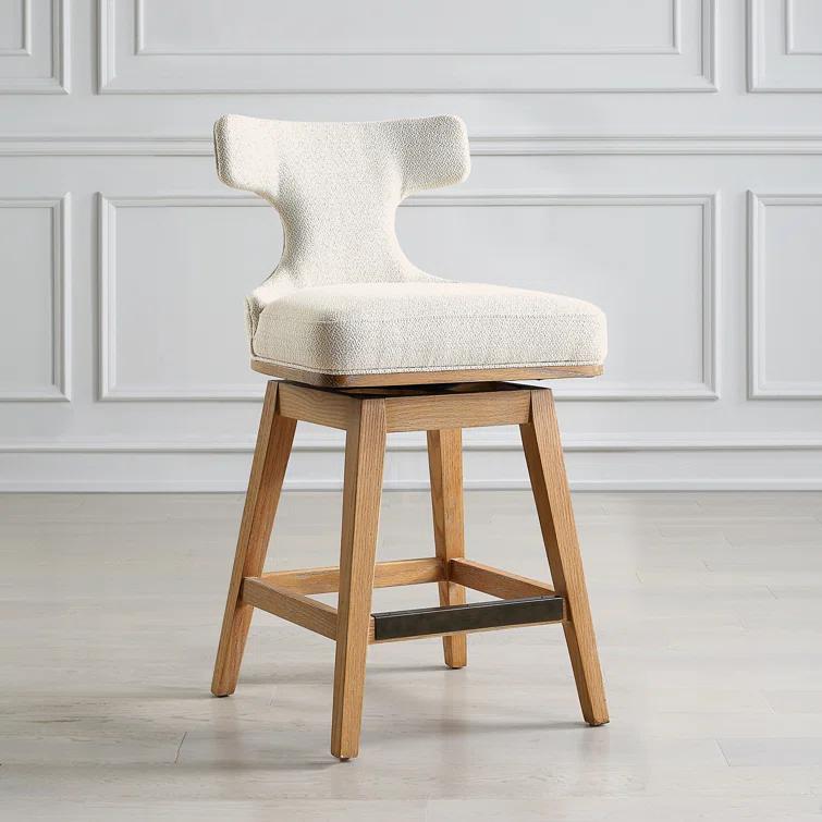 Mid-Century Modern White Fabric Swivel Counter Stool with Oak Legs