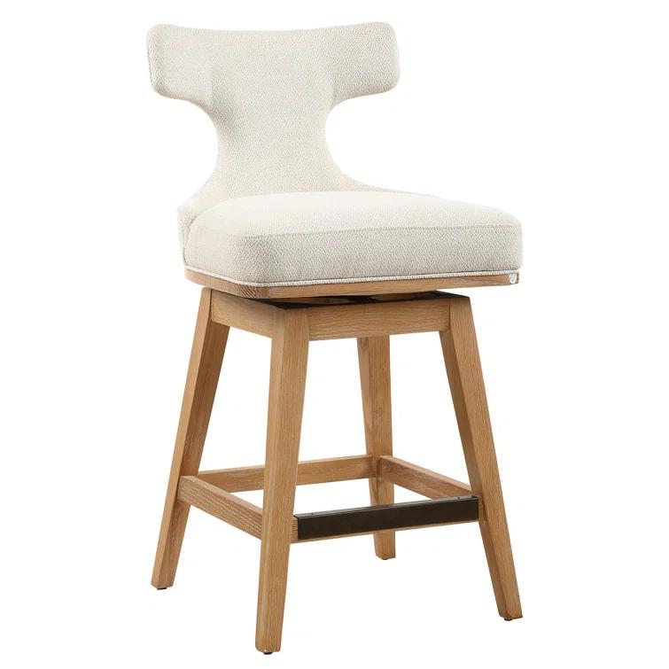 Mid-Century Modern White Fabric Swivel Counter Stool with Oak Legs