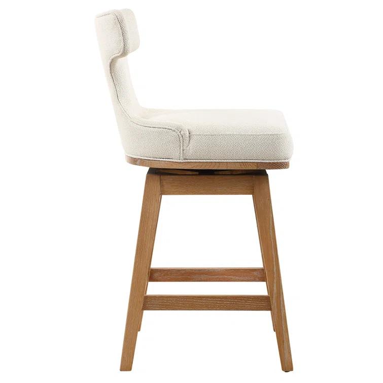 Mid-Century Modern White Fabric Swivel Counter Stool with Oak Legs