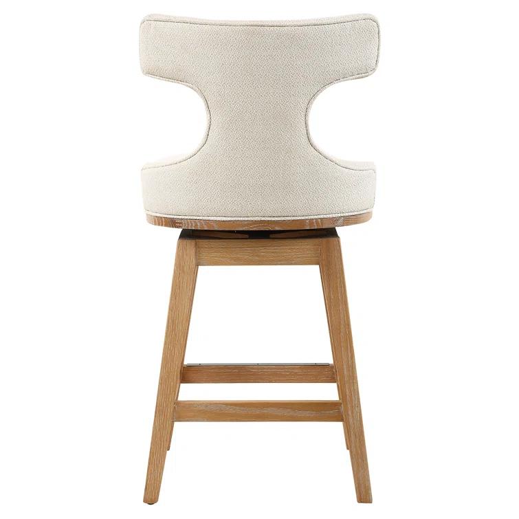 Mid-Century Modern White Fabric Swivel Counter Stool with Oak Legs
