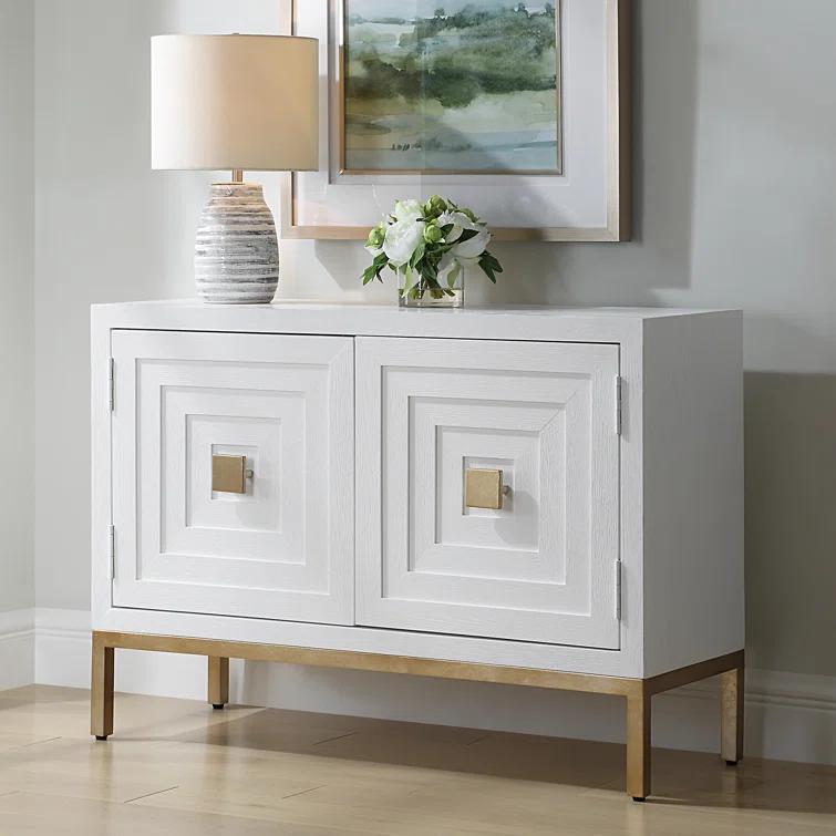 White and Brass Fir Wood Contemporary Accent Cabinet