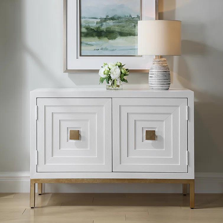 White and Brass Fir Wood Contemporary Accent Cabinet