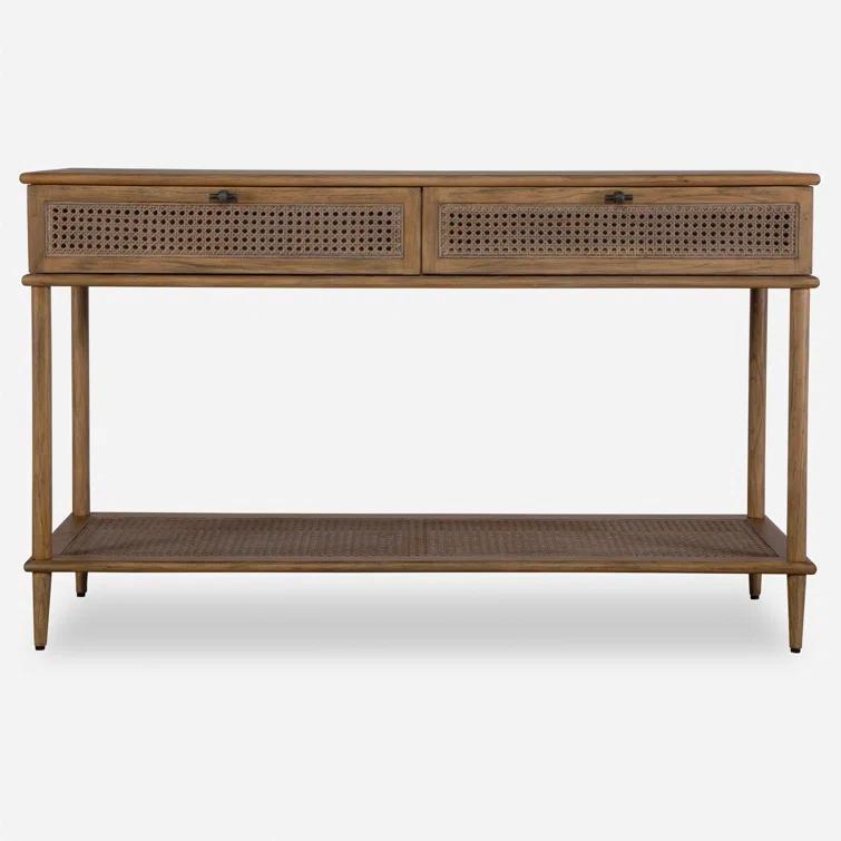 Brown Oak and Rattan Mid Century Modern Console Table with Storage