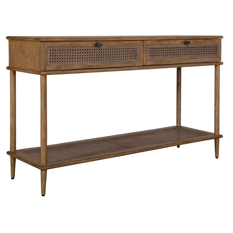 Brown Oak and Rattan Mid Century Modern Console Table with Storage