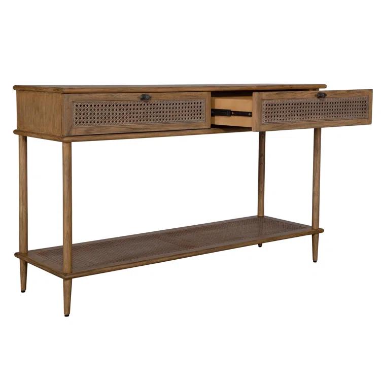 Brown Oak and Rattan Mid Century Modern Console Table with Storage