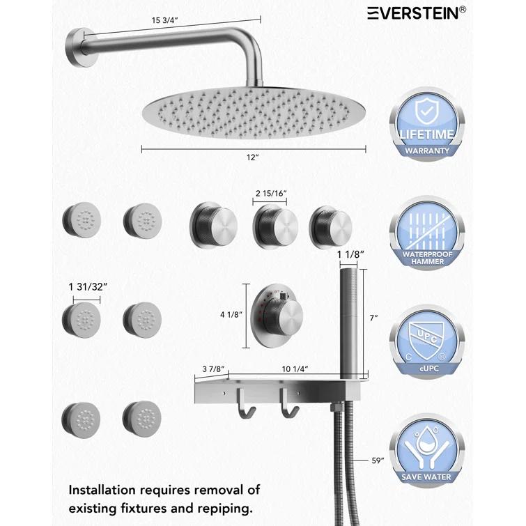 Thermostatic Shower System 12" Rain Shower Head withHandheld Spray,Shower Faucet Set with Valve Trim Kit