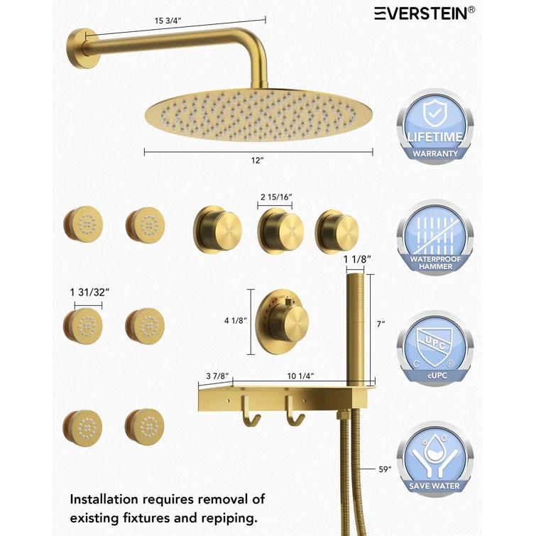 Thermostatic Shower System 12" Rain Shower Head withHandheld Spray,Shower Faucet Set with Valve Trim Kit