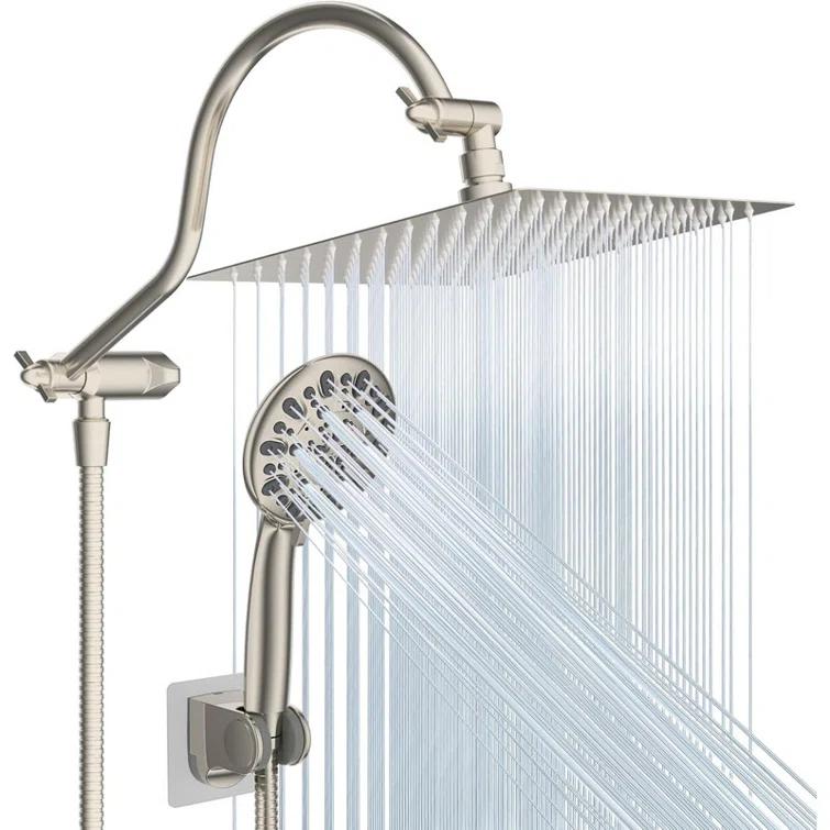 10'' High Pressure Rainfall Shower Head/Handheld Showerhead Combo with 12'' Adjustable Curved