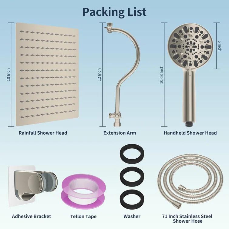 10'' High Pressure Rainfall Shower Head/Handheld Showerhead Combo with 12'' Adjustable Curved