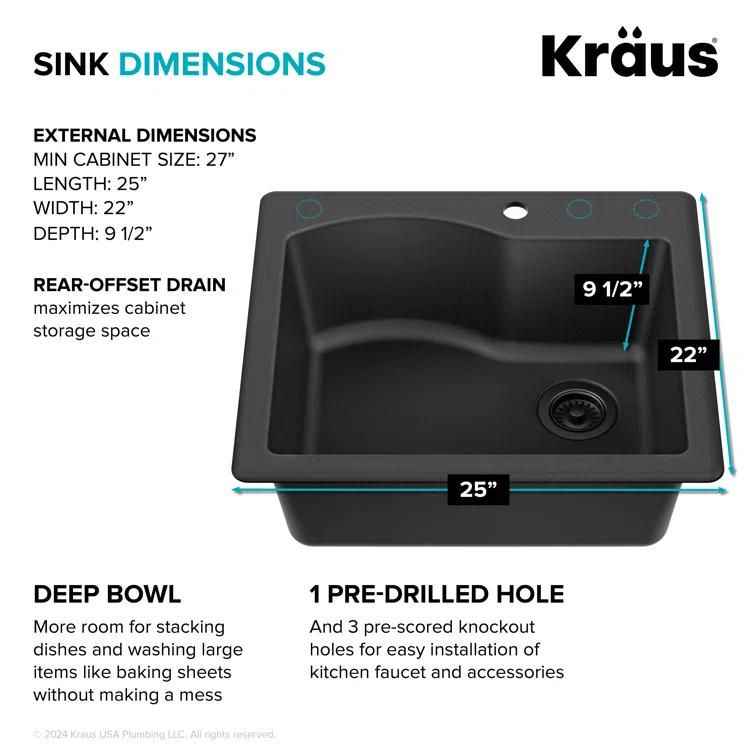 KRAUS Quarza™ 25" L Dual Mount Single Bowl Granite Kitchen Sink