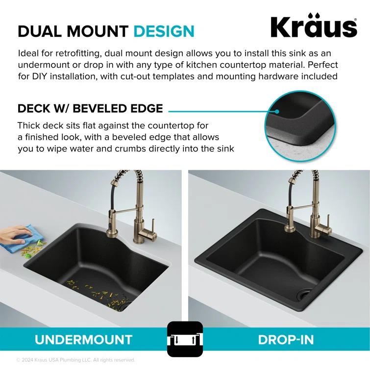 KRAUS Quarza™ 25" L Dual Mount Single Bowl Granite Kitchen Sink