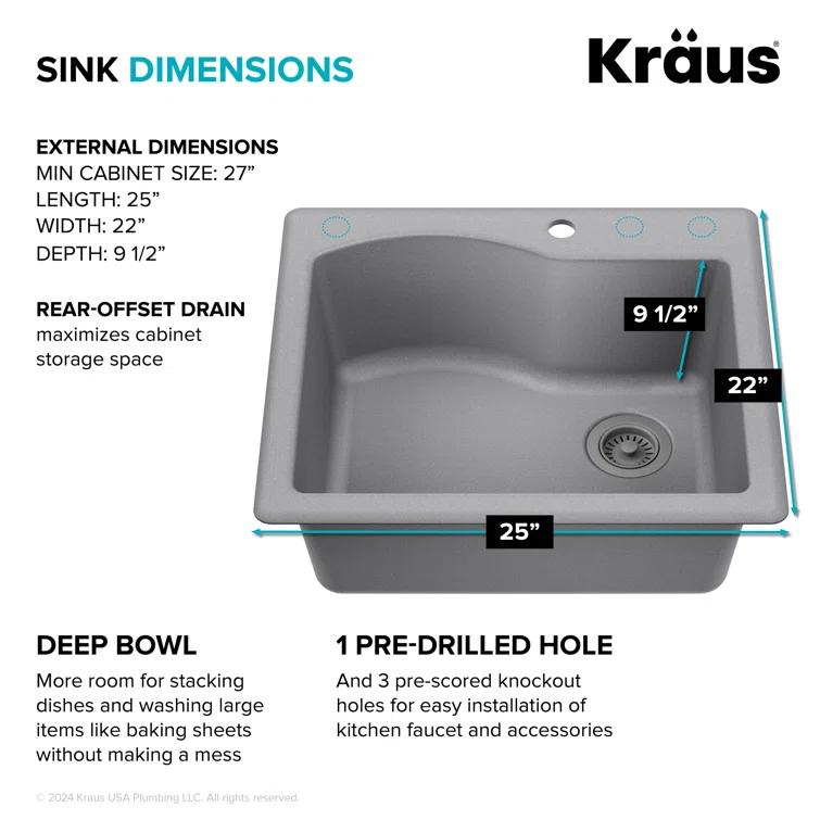 KRAUS Quarza™ 25" L Dual Mount Single Bowl Granite Kitchen Sink