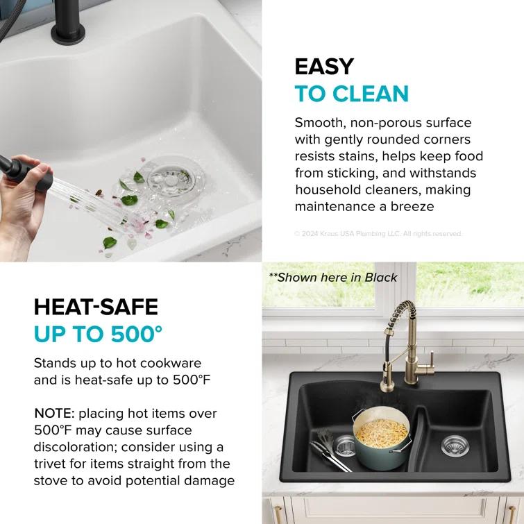 Kraus KRAUS Quarza™ 33" L Dual Mount 60/40 Double Bowl Granite Kitchen Sink KGD-442WHITE