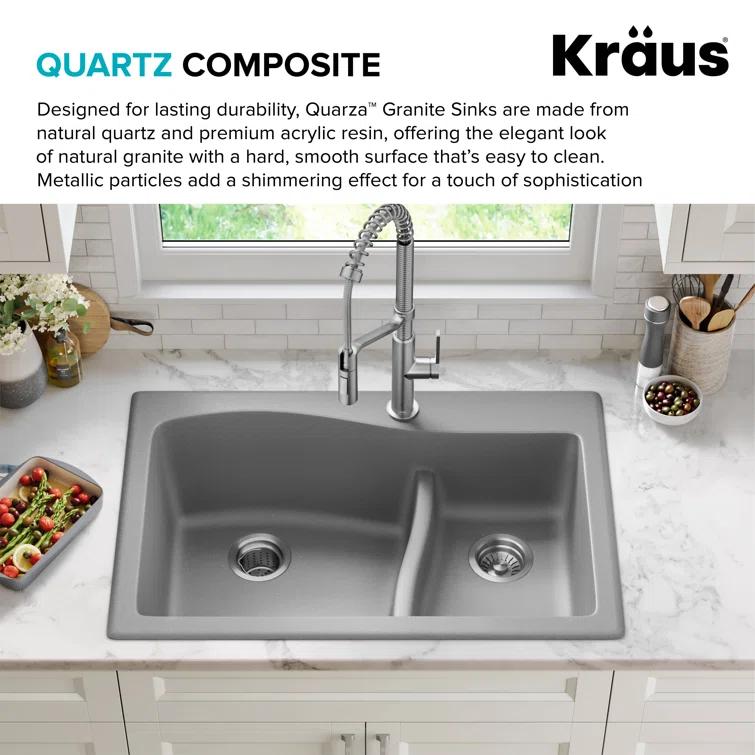 Kraus KRAUS Quarza™ 33" L Dual Mount 60/40 Double Bowl Granite Kitchen Sink KGD-442GREY