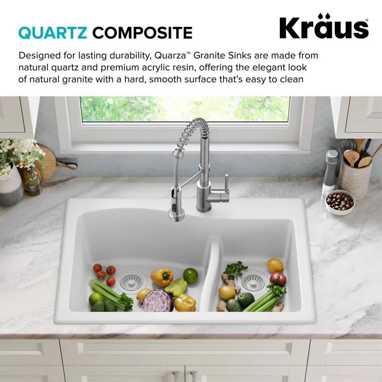 Kraus KRAUS Quarza™ 33" L Dual Mount 60/40 Double Bowl Granite Kitchen Sink KGD-442WHITE