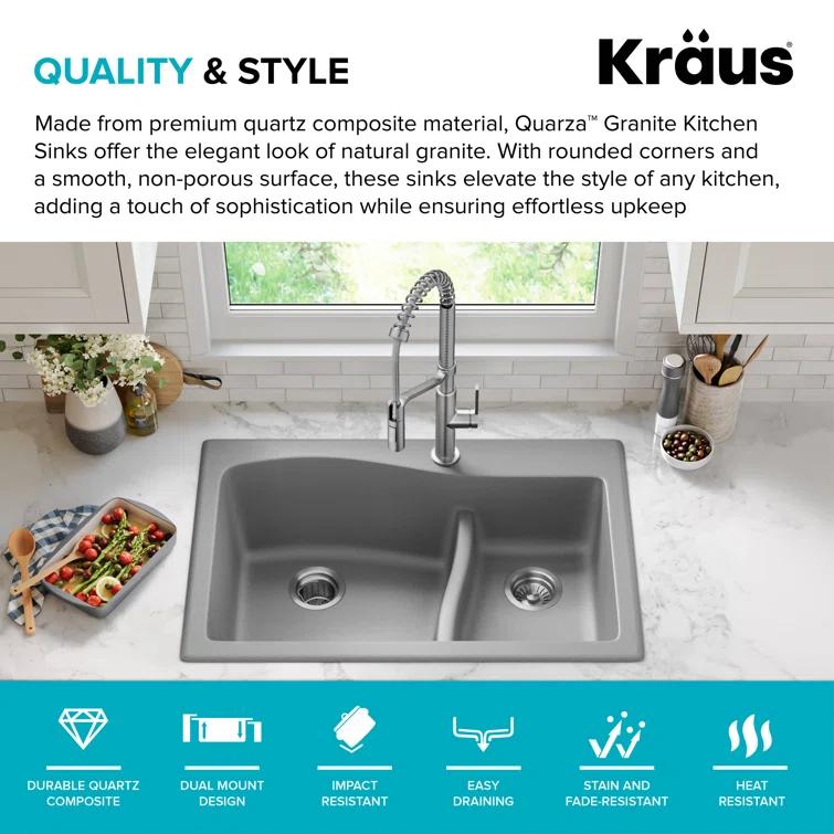 Kraus KRAUS Quarza™ 33" L Dual Mount 60/40 Double Bowl Granite Kitchen Sink KGD-442GREY