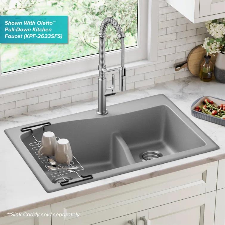 Kraus KRAUS Quarza™ 33" L Dual Mount 60/40 Double Bowl Granite Kitchen Sink KGD-442GREY