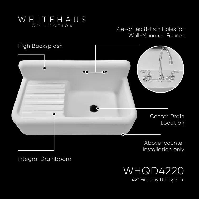 Whitehaus 42" Single Bowl Fireclay Utility Above Mount Sink: Integral Drainboard, High Backsplash