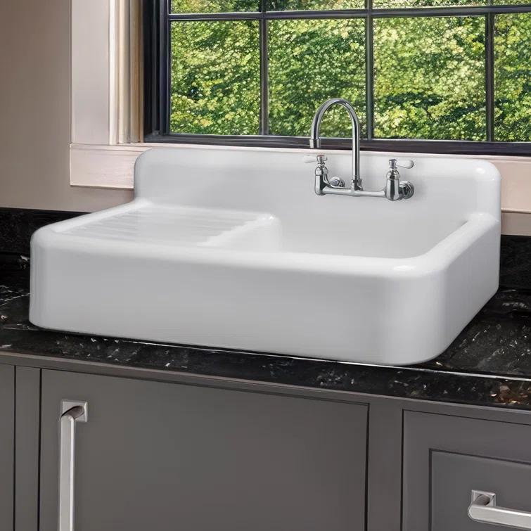 Whitehaus 42" Single Bowl Fireclay Utility Above Mount Sink: Integral Drainboard, High Backsplash