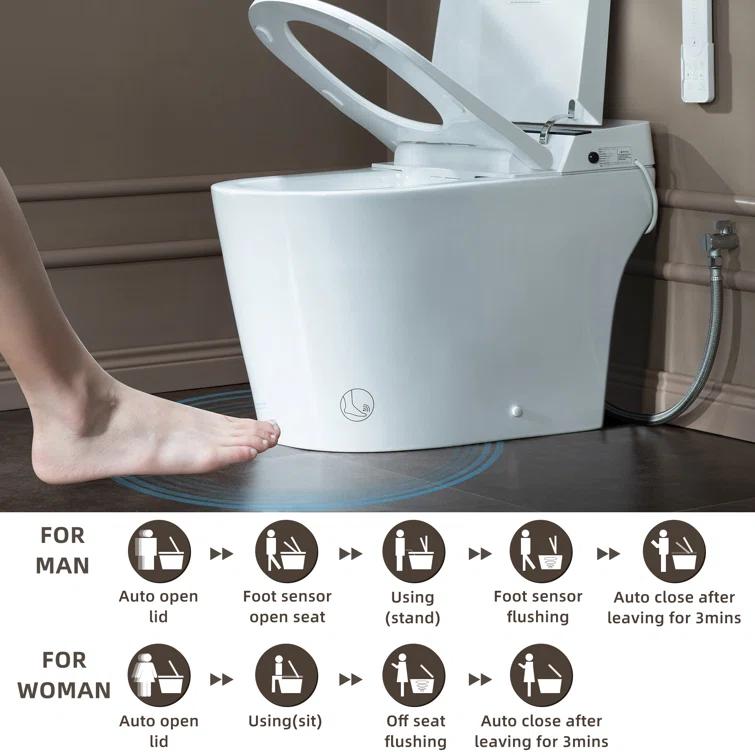 Auto Open/Close Tankless Smart Bidet Toilet with Auto Flush, Foot Sensor Function, Heated Seat,Dryer