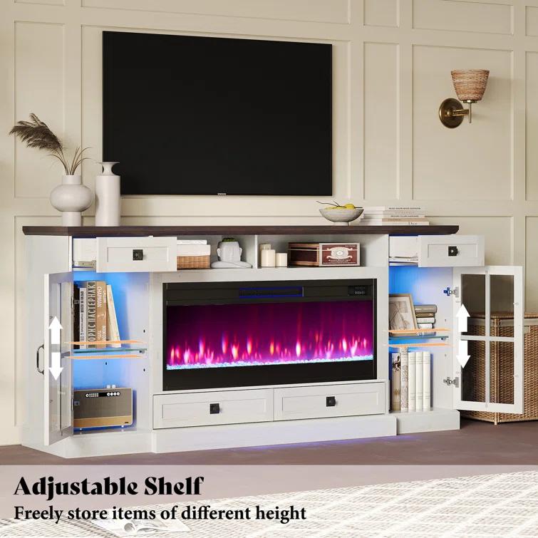 Keating 70" Farmhouse TV Stand 42" Electric Fireplace, LED Lights, Storage Drawers & Cabinets