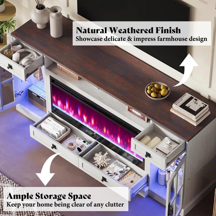 Keating 70" Farmhouse TV Stand 42" Electric Fireplace, LED Lights, Storage Drawers & Cabinets