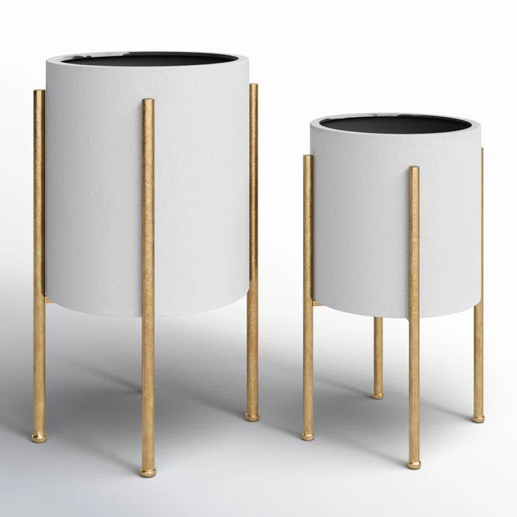 Stacia Round Metal Mid Century Indoor Pot Planter Set