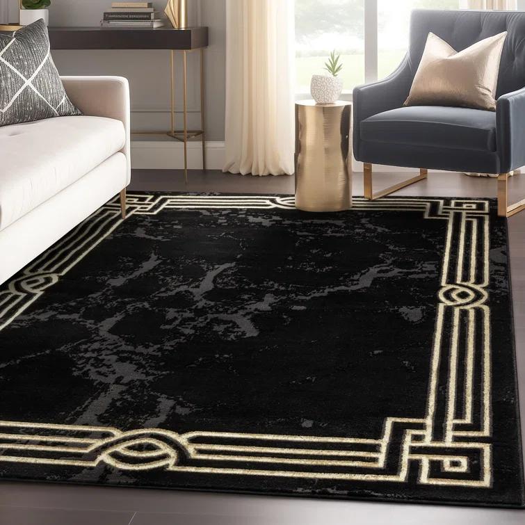 FairmontMarble Abstract Black Gold Glam Area Rug for Living Room, Bedroom, Dining Room and Hallway