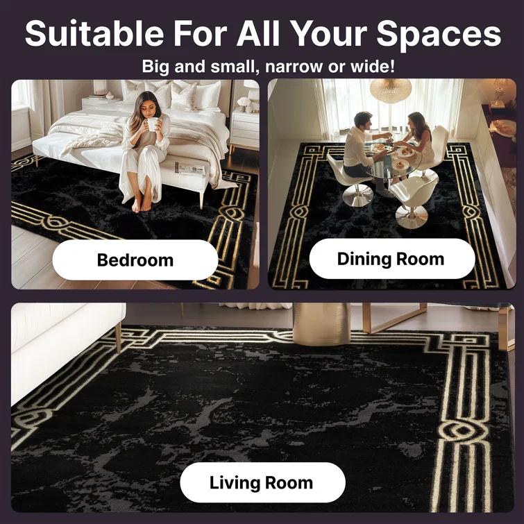 FairmontMarble Abstract Black Gold Glam Area Rug for Living Room, Bedroom, Dining Room and Hallway