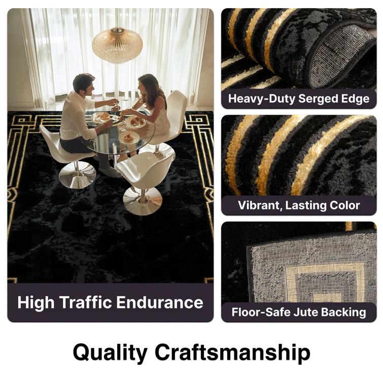 FairmontMarble Abstract Black Gold Glam Area Rug for Living Room, Bedroom, Dining Room and Hallway