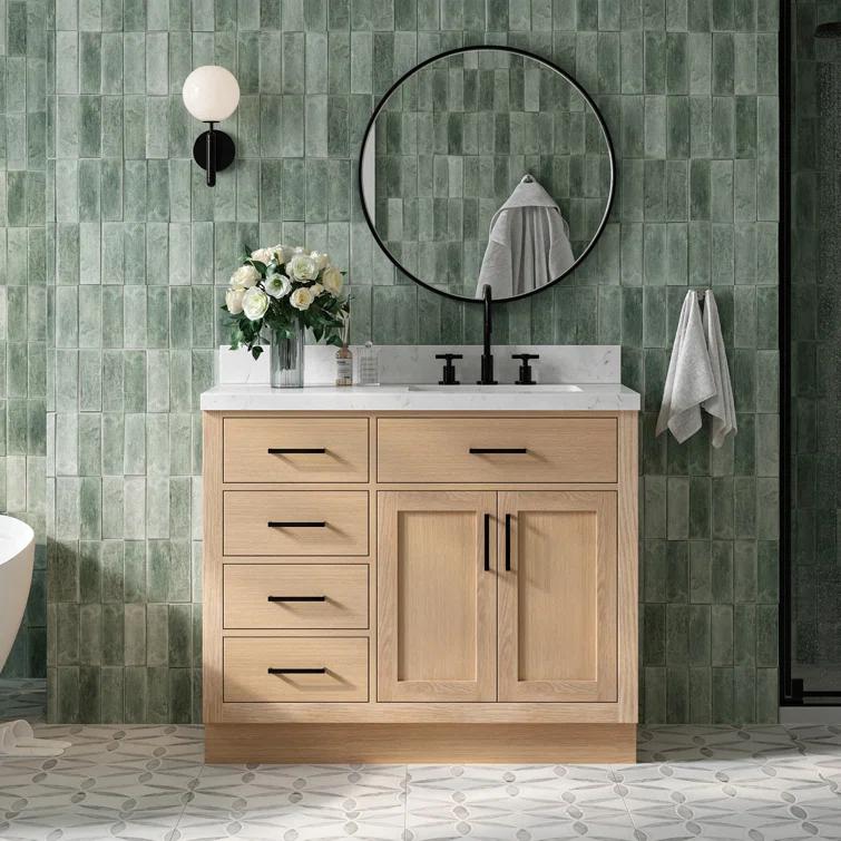 Wildon Home® Tidworth 42'' Solid Wood Single Bathroom Vanity with 1.5'' Carrara Quartz Top, Right Offset Rectangular Sink