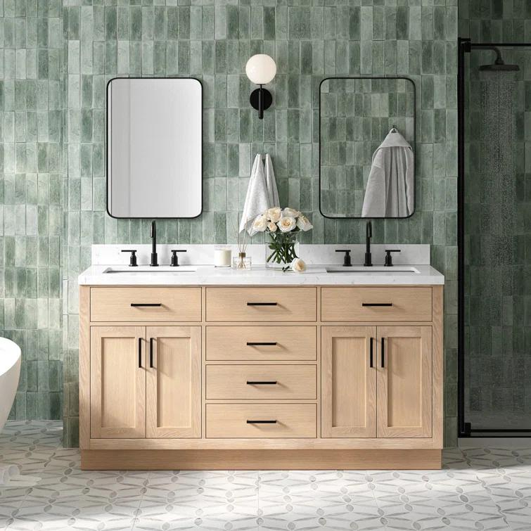 Tidworth 66'' Solid Wood Double Bathroom Vanity with 1.5'' Carrara Quartz Top, Rectangular Sinks