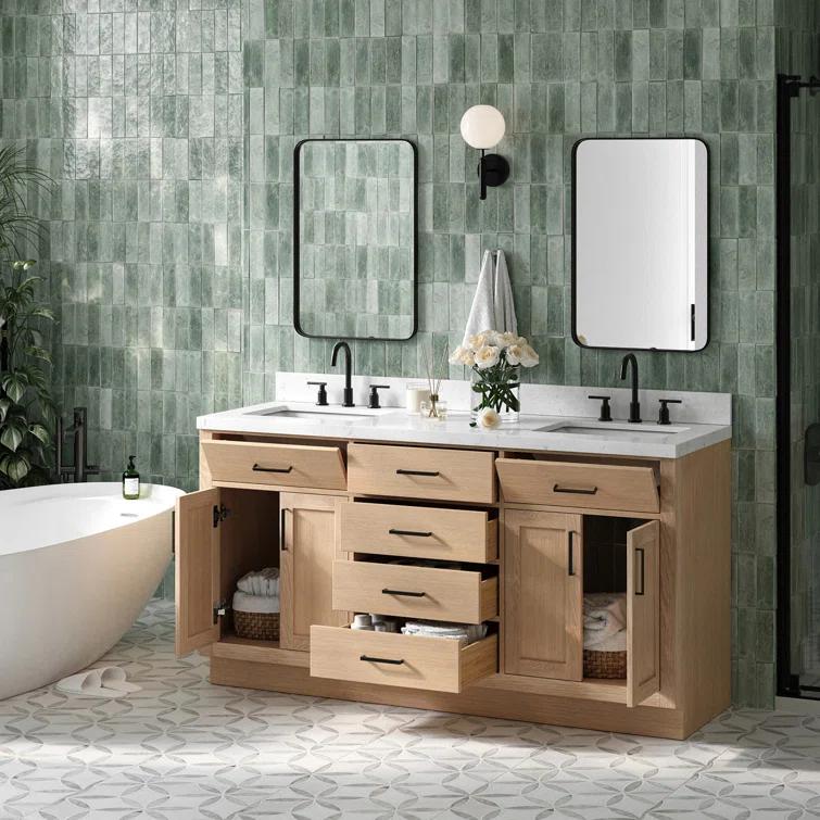 Tidworth 66'' Solid Wood Double Bathroom Vanity with 1.5'' Carrara Quartz Top, Rectangular Sinks