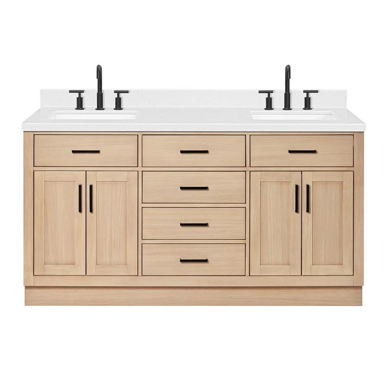 Tidworth 66'' Solid Wood Double Bathroom Vanity with 1.5'' Carrara Quartz Top, Rectangular Sinks