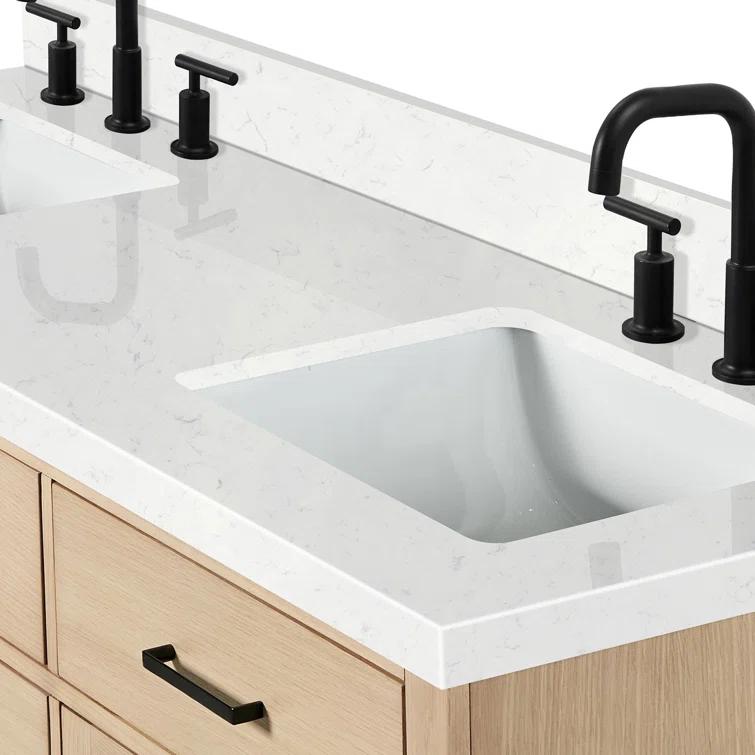 Tidworth 66'' Solid Wood Double Bathroom Vanity with 1.5'' Carrara Quartz Top, Rectangular Sinks