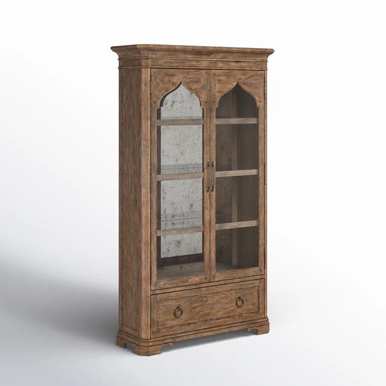 Rustic Lighted Oak Veneer China Cabinet with Glass Doors