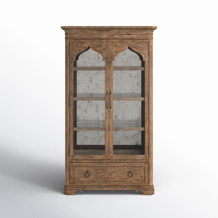 Rustic Lighted Oak Veneer China Cabinet with Glass Doors
