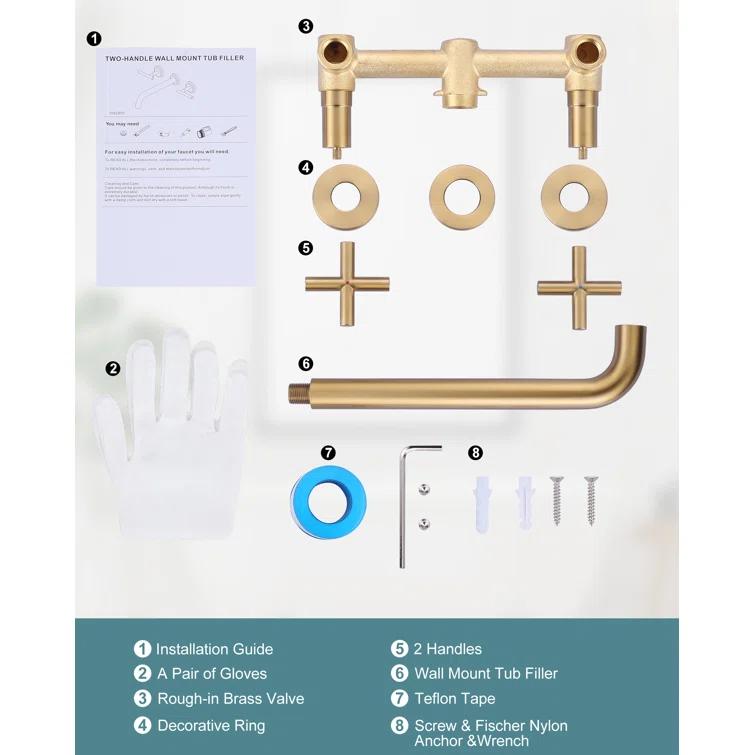 2-Handle Wall Mounted Cross Handle Antique Bathtub Roman Tub Faucet