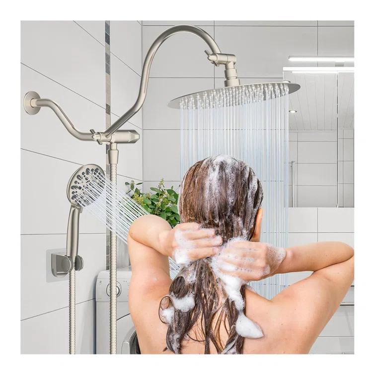 10'' High Pressure Rainfall Shower Head/Handheld Showerhead Combo with 12'' Adjustable Curved
