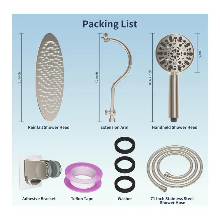 10'' High Pressure Rainfall Shower Head/Handheld Showerhead Combo with 12'' Adjustable Curved