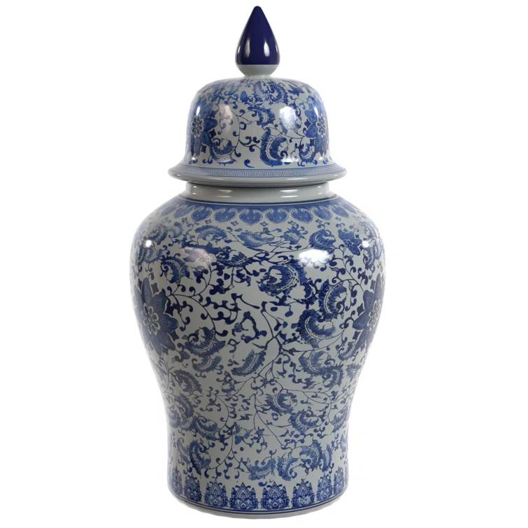 24" Floral Blue & White Porcelain Temple Jar