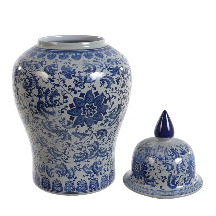 24" Floral Blue & White Porcelain Temple Jar