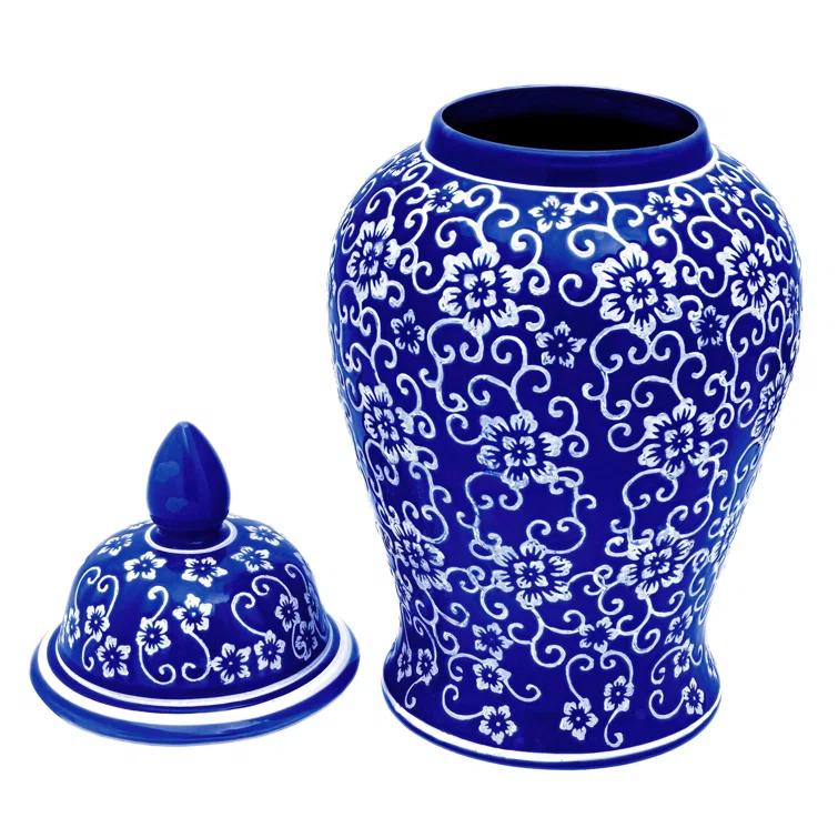 18" White Flowers on Blue Temple Jar