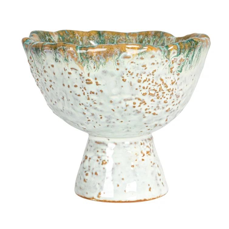 Green and Brown Speckled Stoneware Bowl with Stand