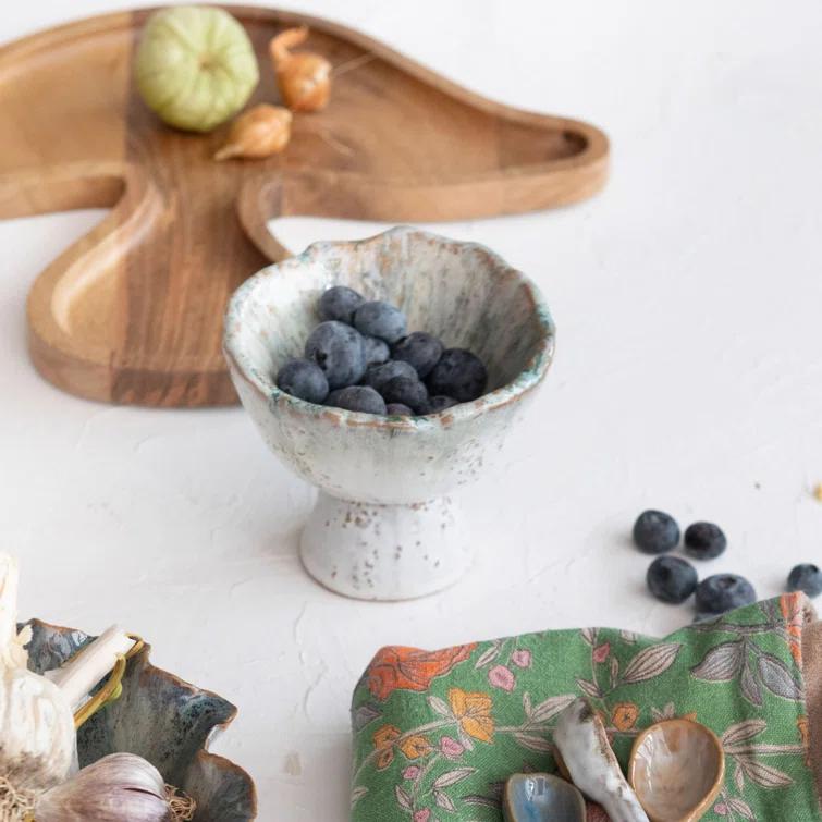 Green and Brown Speckled Stoneware Bowl with Stand