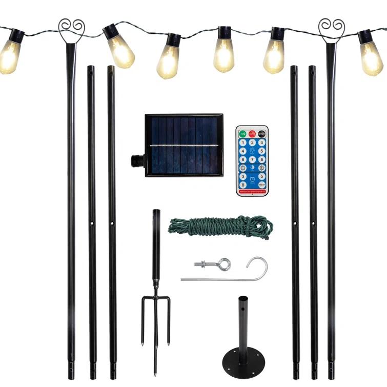 9FT Light string poles, 6 Pack Metal Poles with Remote control and solar panel, Ox Horn for Deck, Outdoor/Indoor Decor