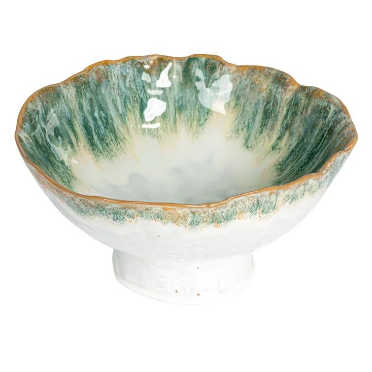 9 in. 60.9 fl. oz. Green and Brown Large Stoneware Footed Serving Bowl