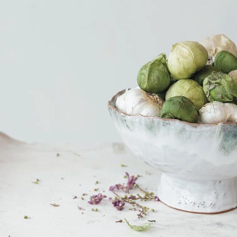 9 in. 60.9 fl. oz. Green and Brown Large Stoneware Footed Serving Bowl