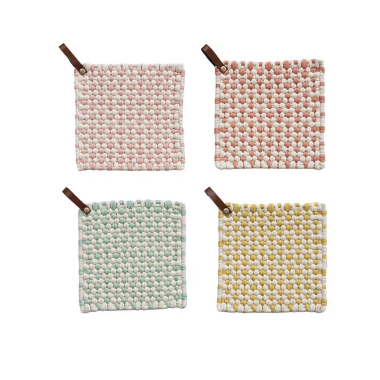 Creative Co-Op Light Hue Cotton Crocheted Pot Holder With Leather Loop (Set of 4)